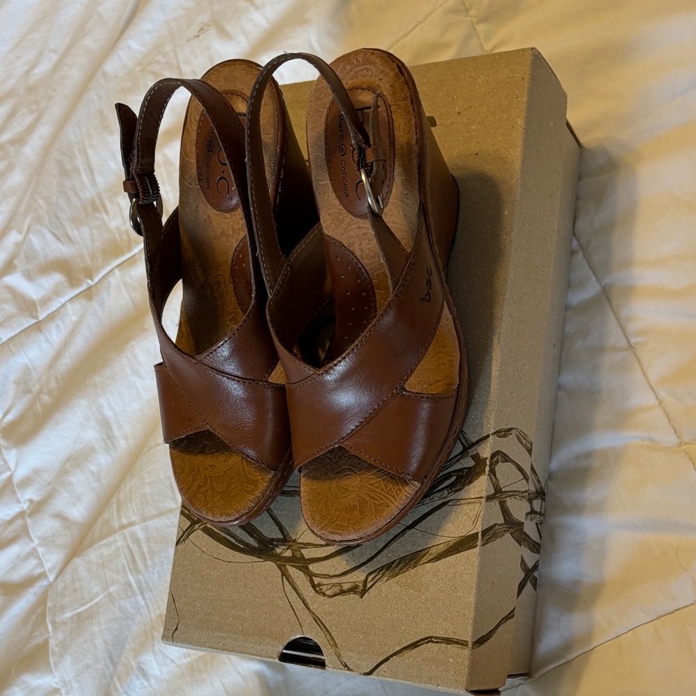 B.O.C. Brown Leather Wedge Sandals - Women- size 6